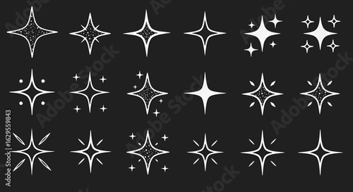 Collection of White Sparkle and Star Icons with Various Twinkle Effects.