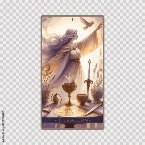 watercolor Tarot card 'The Magician'.Tarot card colorful deck. Major arcana set part . Occult and alchemy symbolism.