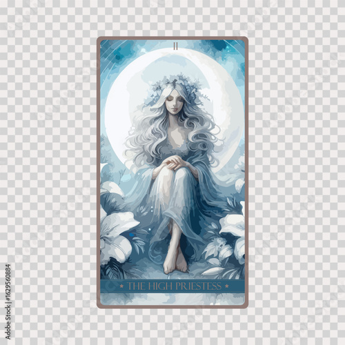 watercolor Tarot card 'The High Priestess'.Tarot card colorful deck. Major arcana set part . Occult and alchemy symbolism.