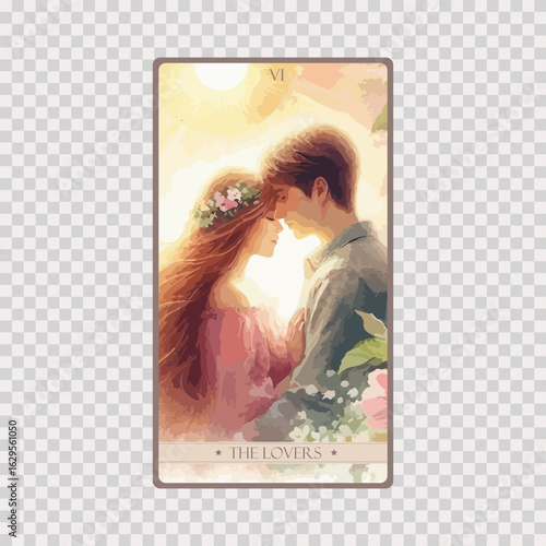 watercolor Tarot card 'The Lovers'.Tarot card colorful deck. Major arcana set part . Occult and alchemy symbolism.