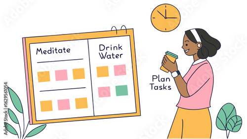 A young woman with headphones holds a coffee cup while looking at a daily planner with tasks like meditating and drinking water