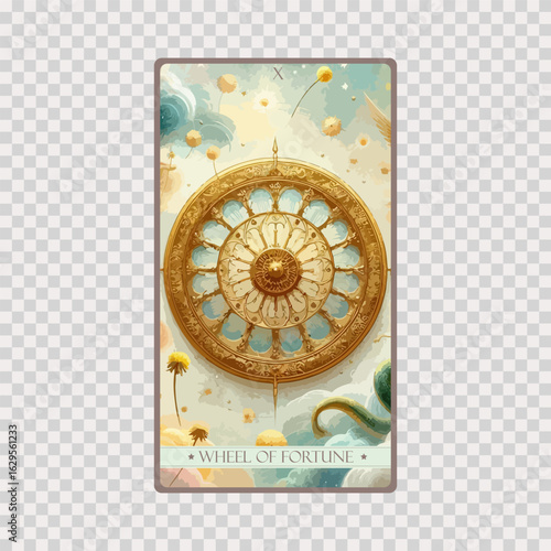 watercolor Tarot card 'Wheel of Fortune'.Tarot card colorful deck. Major arcana set part . Occult and alchemy symbolism.