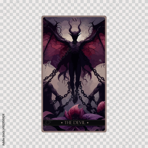 watercolor Tarot card 'The Devil'.Tarot card colorful deck. Major arcana set part . Occult and alchemy symbolism.