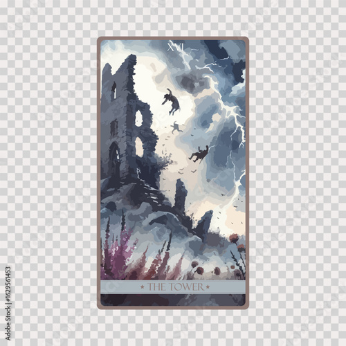 watercolor Tarot card 'The Tower'.Tarot card colorful deck. Major arcana set part . Occult and alchemy symbolism.