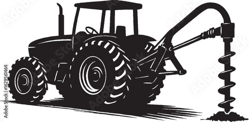 Black and White Silhouette of Tractor with Post Hole Digger in Action on Isolated White Background