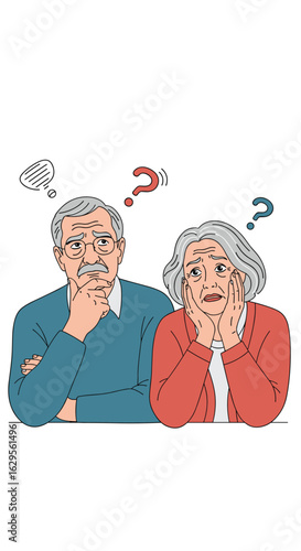 Elderly couple expressing confusion and doubt with question marks above their heads