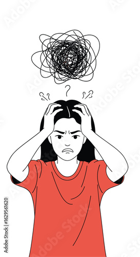 A person experiencing intense mental distress and confusion with tangled thoughts above their head
