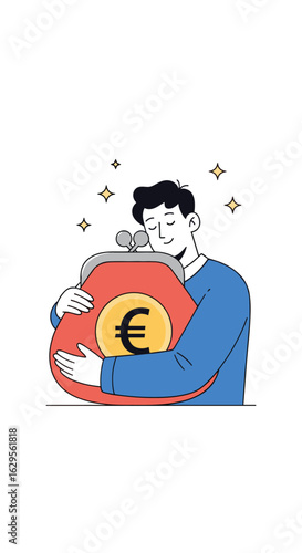 Man happily hugging a wallet filled with euros symbolizing financial security and prosperity