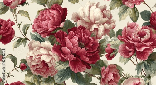 A vintage wallpaper pattern with large, detailed pink and red peonies on an off-white background, creating a classic Victorian feel.