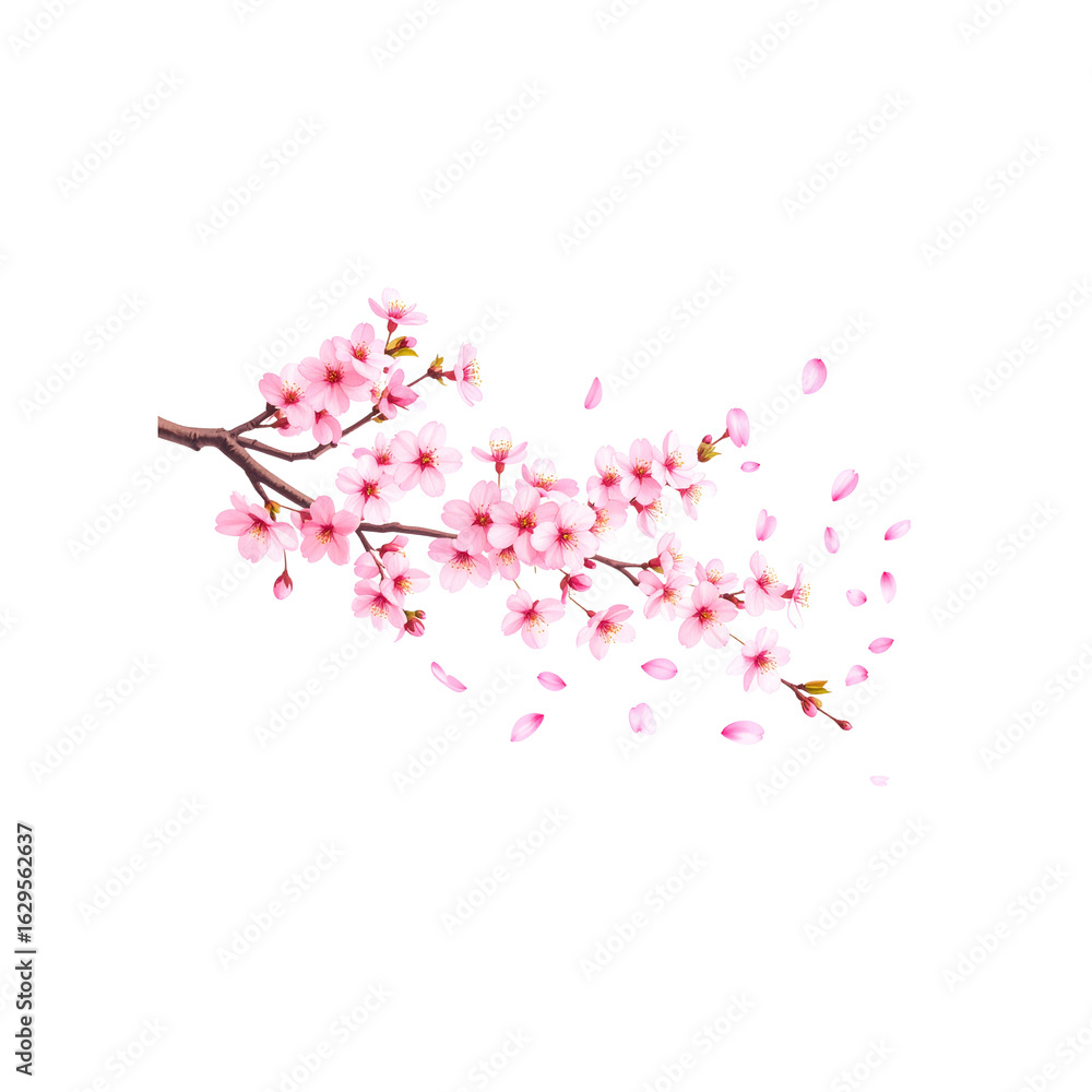 Fototapeta premium Pink cherry blossom branch vector with delicate flowers and a small bird, a beautiful spring illustration on a white background