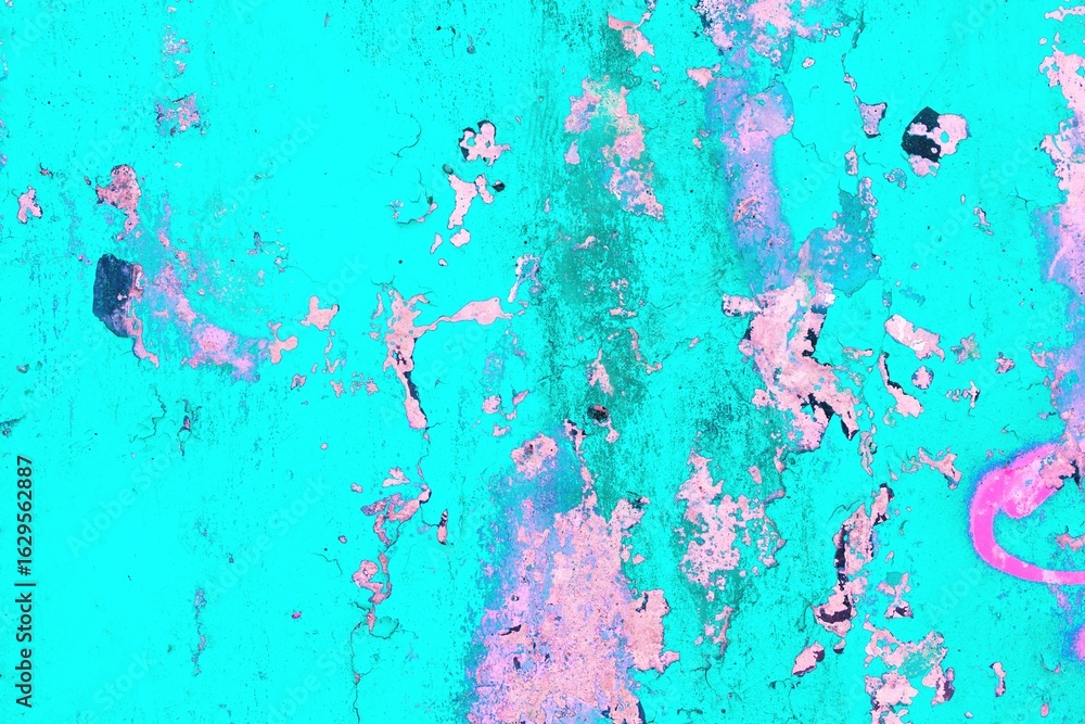 Fototapeta premium Aqua and pink textured abstract with peeling paint. Retro 80s, iridescent style, distressed surface. Background, texture, digital art, modern 90s, Y2K creative banner.