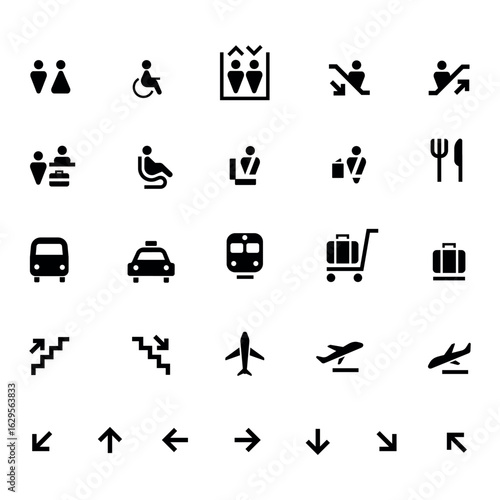 Airport vector line icon set. line icons of planes, arrivals, departures, suitcases, stairs, Wifi, Bags, Terminals, toilets, cafes, parking, smoking, prohibitions etc.