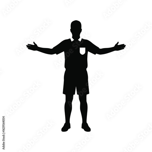 Silhouette of a soccer referee signaling a penalty kick isolated on white background