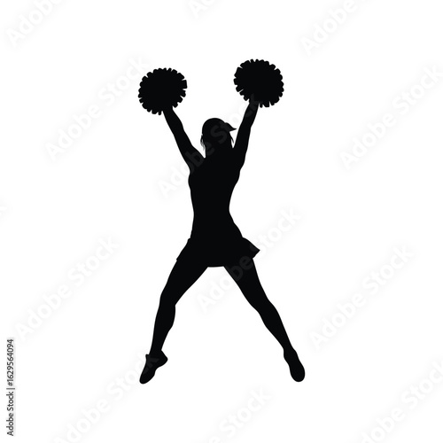 Silhouette of a cheerleader jumping with pom poms raised high isolated on white background