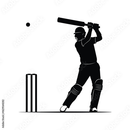 Silhouette of a cricket batsman hitting a ball with a wicket and ball isolated on white background