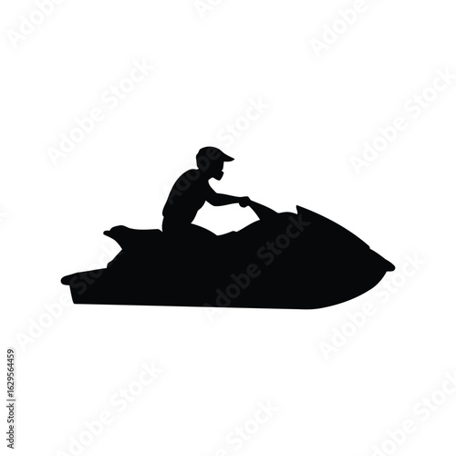 Silhouette of a person riding a jet ski on the water isolated on white background