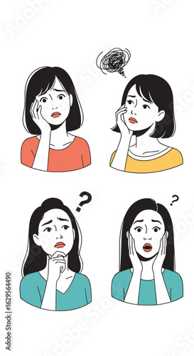 Illustrations of women experiencing confusion worry and doubt with question marks and thought bubbles showing distress and uncertainty