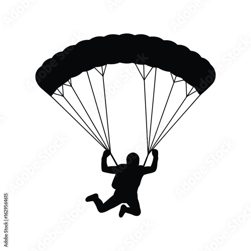 Silhouette of a skydiver descending with open parachute isolated on white background
