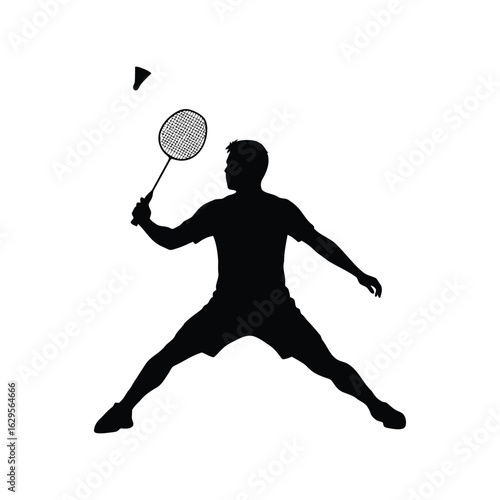 Silhouette of a badminton player swinging racket to hit shuttlecock isolated on white background