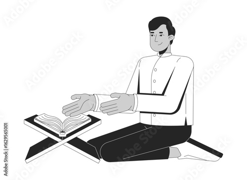 Arab man reciting Quran 2D line character. Islamic study. Muslim male kneeling near Rehal book stand showing holy scripture isolated vector ink outline person. Monochromatic spot illustration