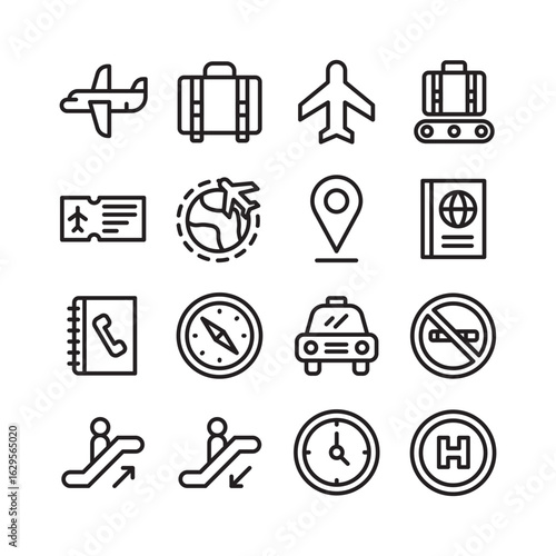 Airport vector line icon set. line icons of planes, arrivals, departures, suitcases, stairs, Wifi, Bags, Terminals, toilets, cafes, parking, smoking, prohibitions etc.