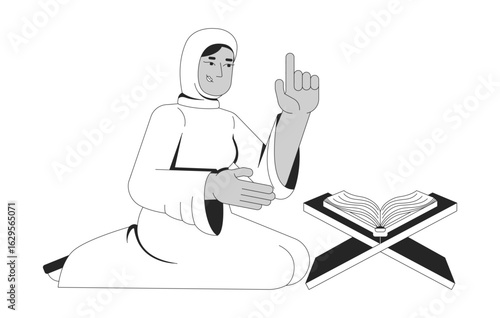 Muslim woman in hijab reciting Quran 2D line character. Islamic female believer with raised finger near open book on wooden rehal isolated vector ink outline person. Monochromatic spot illustration