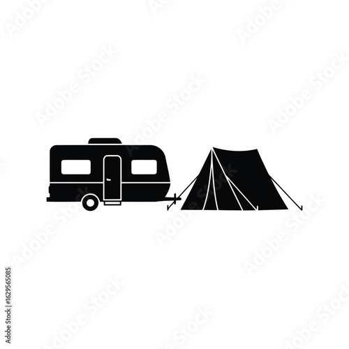 Black silhouette of a caravan and a tent for camping isolated on white background