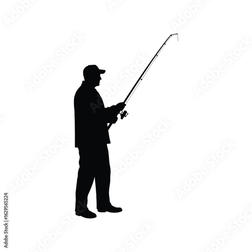 Silhouette of a fisherman holding a fishing rod and reel isolated on white background