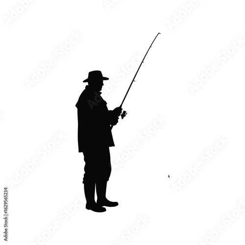Silhouette of a fisherman casting a line with a fishing rod isolated on white background