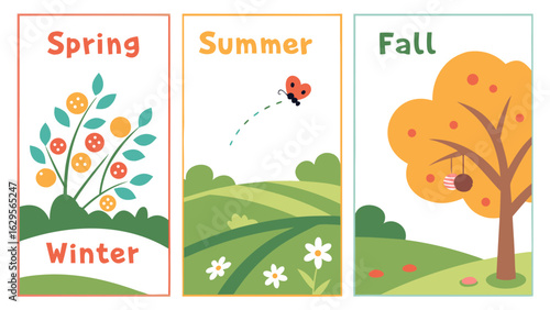 A charming set of three flat design illustrations depicting the distinct seasons of spring summer and fall with natural elements and playful imagery