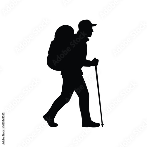 Silhouette of a hiker with a backpack and trekking pole walking isolated on white background
