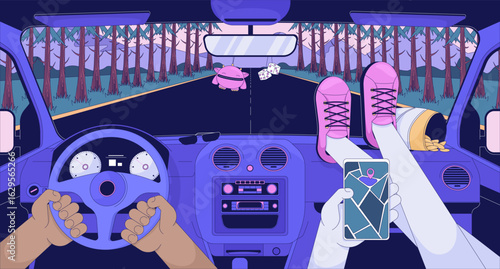 Road trip car interior with gps navigation and snacks lofi wallpaper. Passenger legs on dashboard, driver point view 2D cartoon flat illustration. Vector art image lo fi aesthetic color background