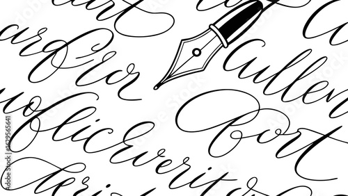 Elegant calligraphy background with a vintage fountain pen in black and white ink illustration style