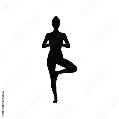 Silhouette of a woman in a yoga tree pose isolated on white background