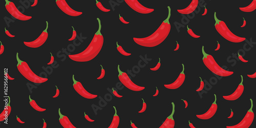 Red chili peppers seamless pattern. Falling realistic red chilli peppers isolated on transparent background. Flying defocusing hot peppers, whole and cut pieces. Ideal for advertising, package, banner