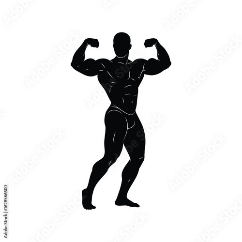 Silhouette of a muscular bodybuilder flexing biceps isolated on white background