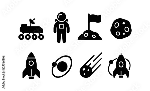 Space exploration icons set: astronauts, rockets, and celestial objects in bold silhouette style