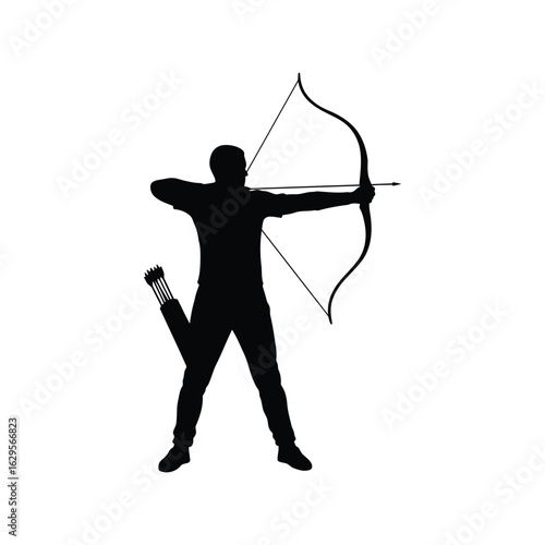 Professional male archer drawing a bow and arrow, targeting a bullseye, precision, focus, competitive sport