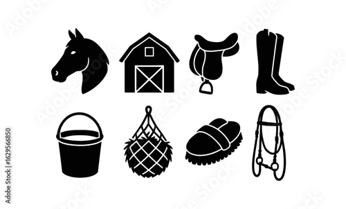 Equestrian icons set: horse head, barn, saddle, riding boots, bucket, hay net, brush, bridle