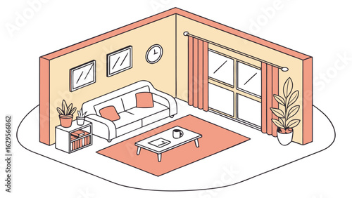 Cozy isometric living room illustration featuring a comfortable sofa coffee table with a mug a rug plants framed art and a window with curtains