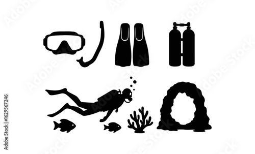 Scuba diving silhouettes: gear, diver, and underwater cave elements
