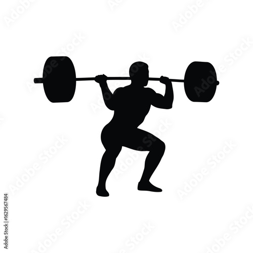 Silhouette of a strong man performing a barbell squat exercise isolated on white background