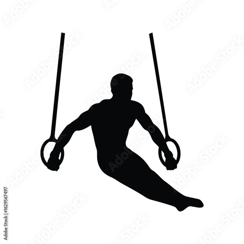 Silhouette of a male gymnast performing on rings isolated on white background