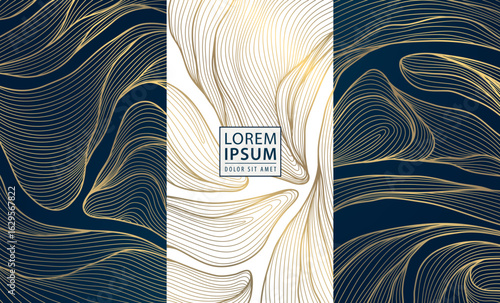 Vector set of luxury floral leaves art, golden on blue and white line leaf backgrounds, beauty package design. Elegant banners, brochures, flower premium elements