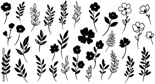 Handdrawn black and white floral and leaf doodle collection with solid and outline styles organic shapes.