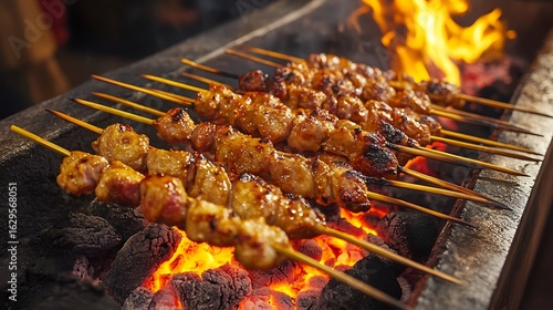 Grilled meat satay skewers on bamboo sticks served hot over glowing charcoal at outdoor stall