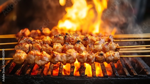 Grilled meat satay skewers on bamboo sticks served hot over glowing charcoal at outdoor stall