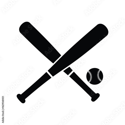 Crossed baseball bats and ball silhouette isolated on white background