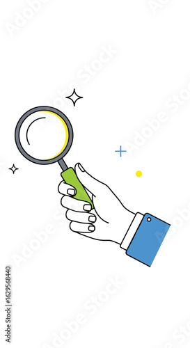 Detailed examination of information using a magnifying glass held by a hand in a business suit with sparkle accents