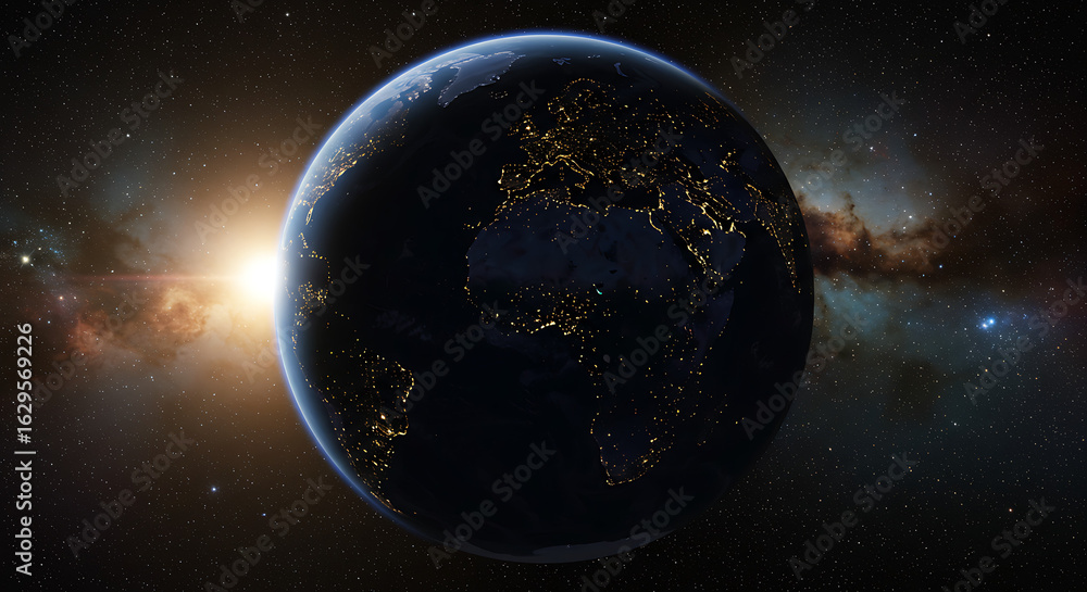 Obraz premium A powerful depiction of Earth from a cosmic perspective, showcasing the beauty of a city-lit globe.